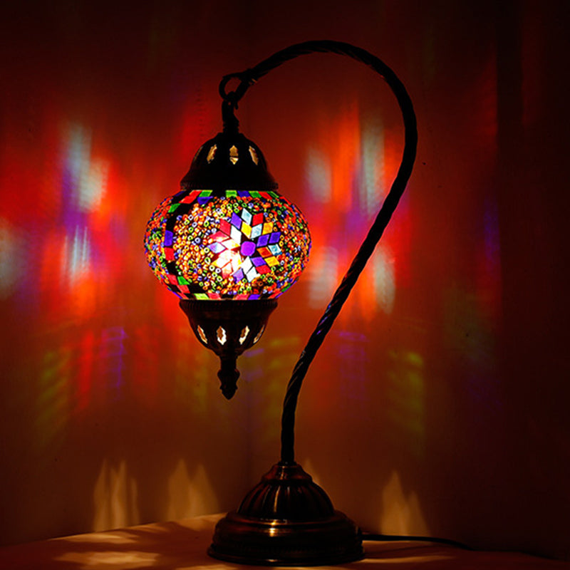 Asian Lantern Nightstand Light 1 Bulb Hand Cut Glass Night Lamp with Gooseneck Arm for Drawing Room