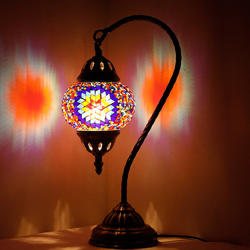 Asian Lantern Nightstand Light 1 Bulb Hand Cut Glass Night Lamp with Gooseneck Arm for Drawing Room