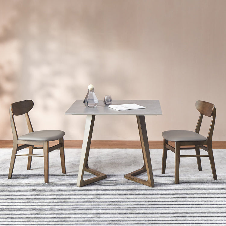 Square Grey Tone Dining Table Sintered Stone Table Industrial with Double Pedestal