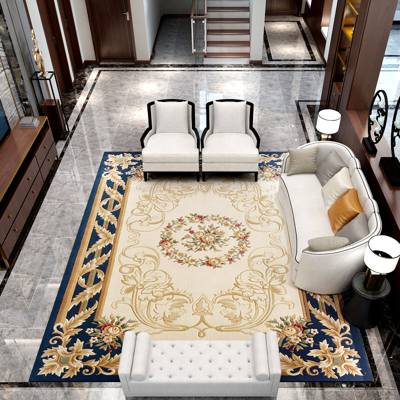 Navy Living Room Area Rug Medallion Pattern Polyester Area Carpet Stain Resistant Rug