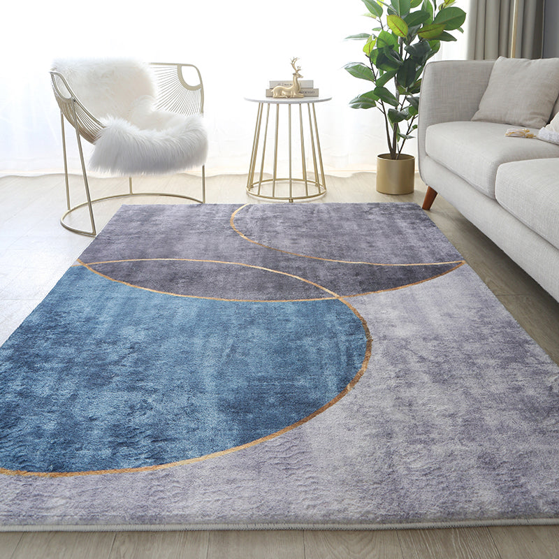 Modern Living Room Rug Blue Polyester Area Rug Geometric Pattern Non-Slip Backing Area Carpet
