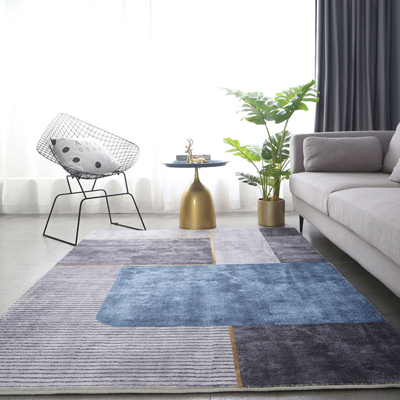 Modern Living Room Rug Blue Polyester Area Rug Geometric Pattern Non-Slip Backing Area Carpet