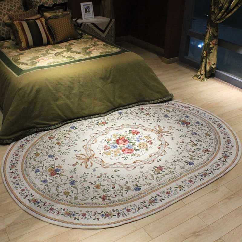 Oval Flower Printed Carpet Polyester Vintage Rug Stain Resistant Area Carpet for Adult's Bedroom