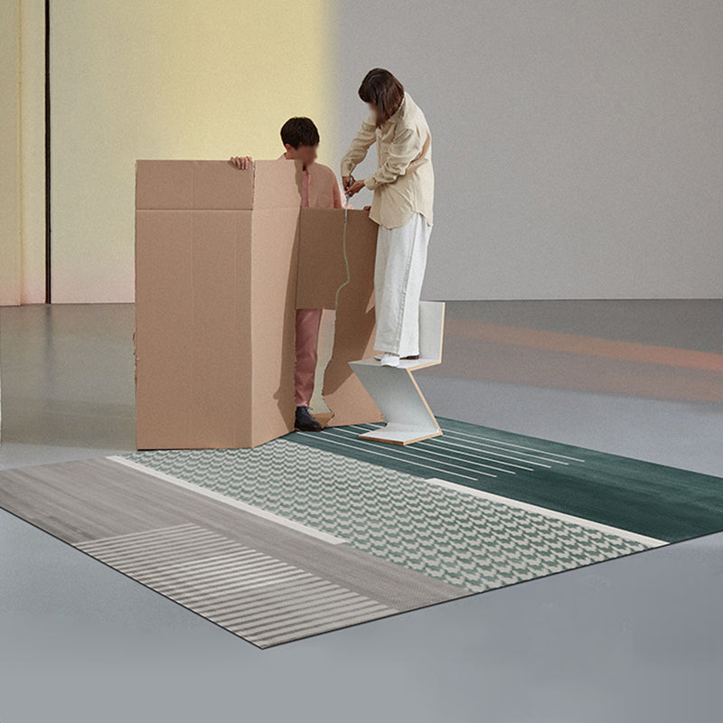 Green Living Room Area Carpet Color-Blcked Polyester Area Rug Stain Resistant Rug