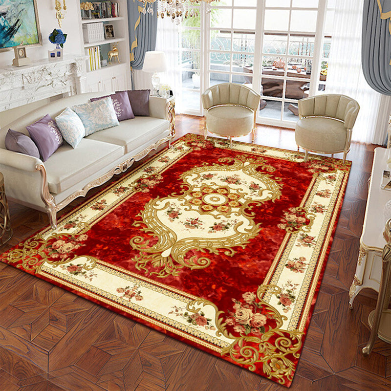 Tapis graphique polyester traditionnel rouge tapis de support sans glissement pour le salon