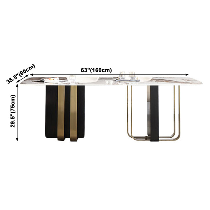 Luxury Sintered Stone Top Dining Table Rectangle Table with Double Pedestal in Black and Gold