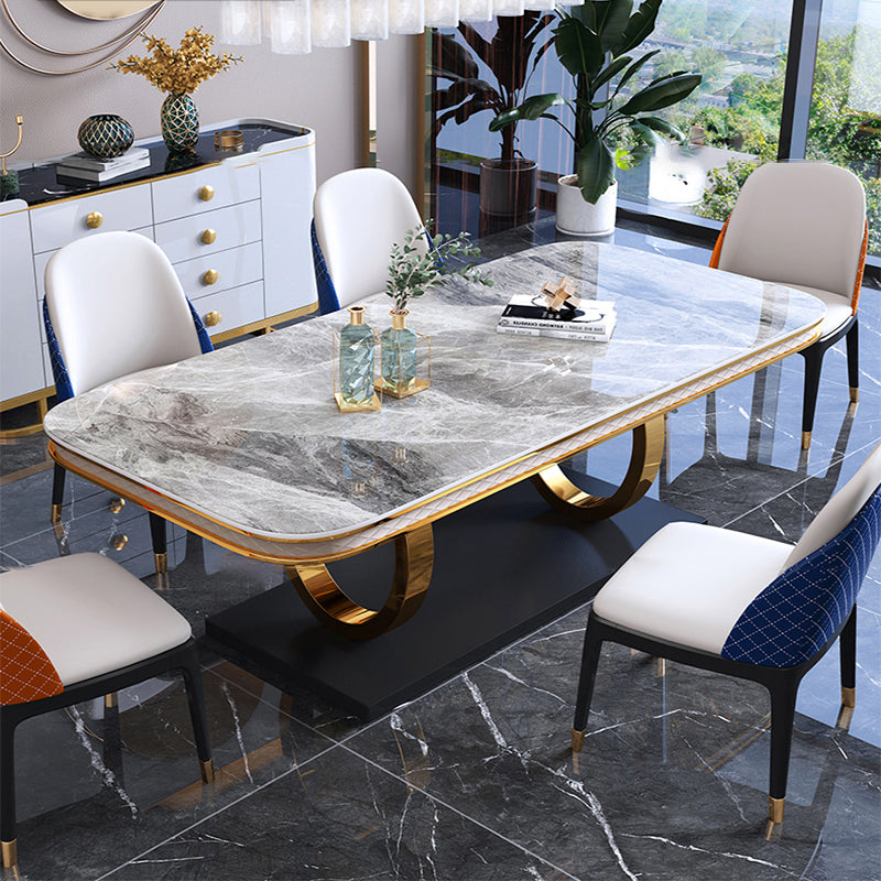Traditional Luxury Rectangle Dining Table Sintered Stone Table with Gold Trestle Base