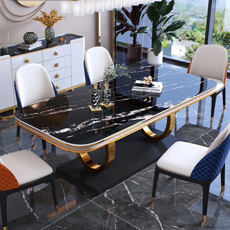 Traditional Luxury Rectangle Dining Table Sintered Stone Table with Gold Trestle Base