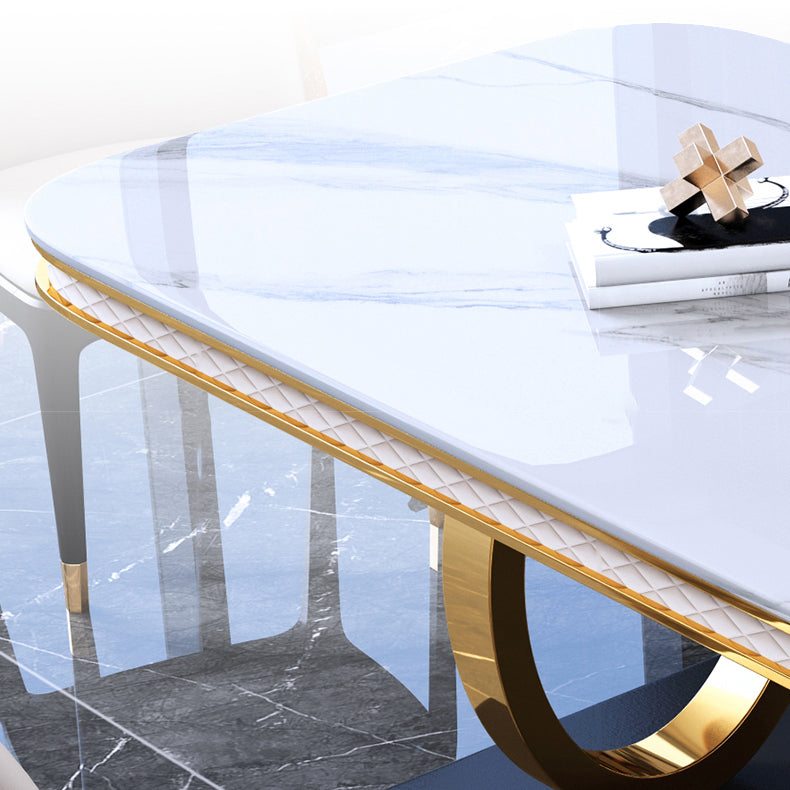 Traditional Luxury Rectangle Dining Table Sintered Stone Table with Gold Trestle Base