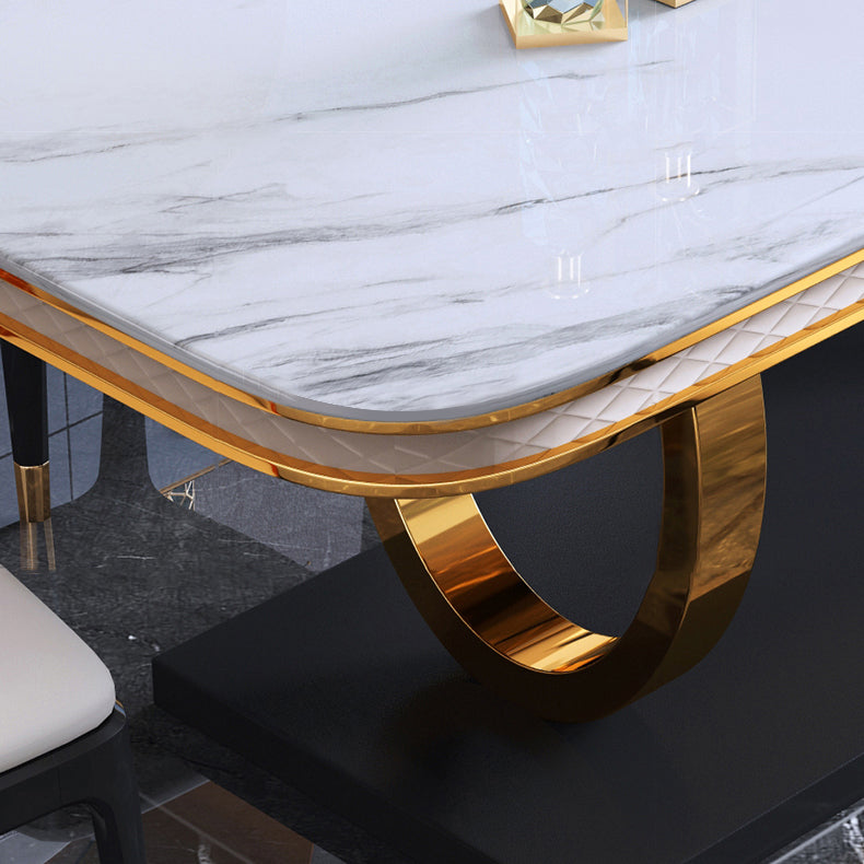Traditional Luxury Rectangle Dining Table Sintered Stone Table with Gold Trestle Base