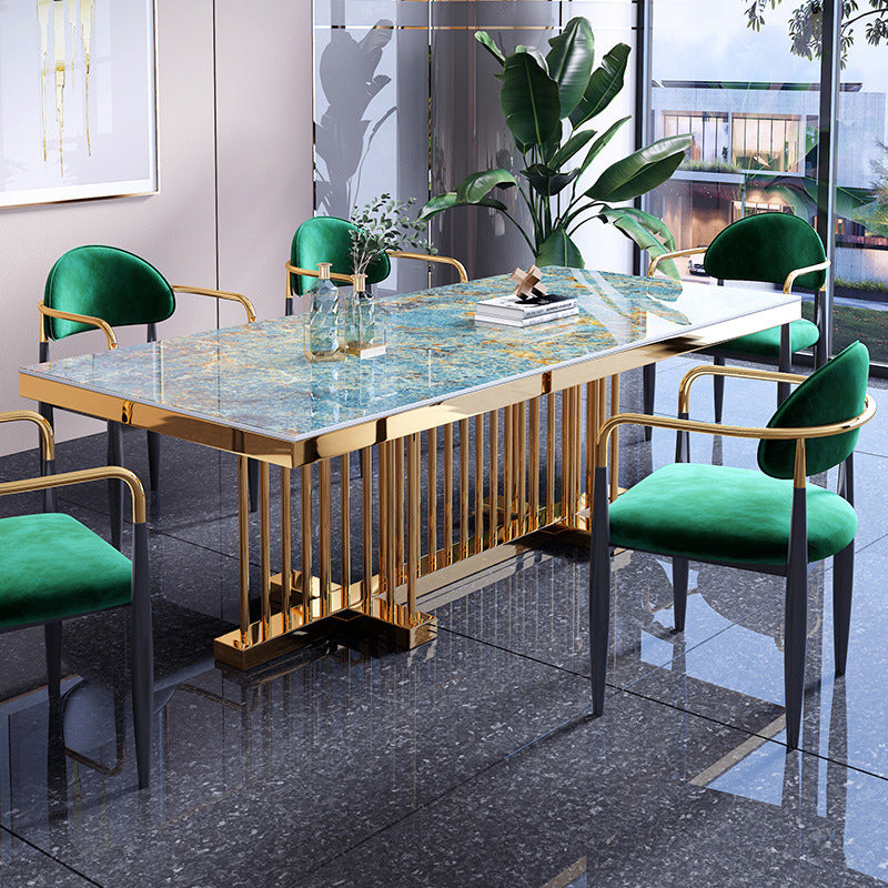 Luxe gesinterde stenen bovenste eettafel in blauwe rechthoektafel met gouden metalen voetstuk