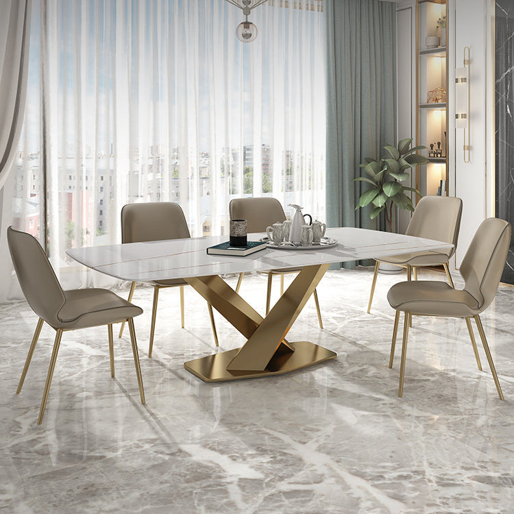 Mesa de comedor rectangular de lujo tradicional mesa de piedra sinterizada blanca con base de pedestal