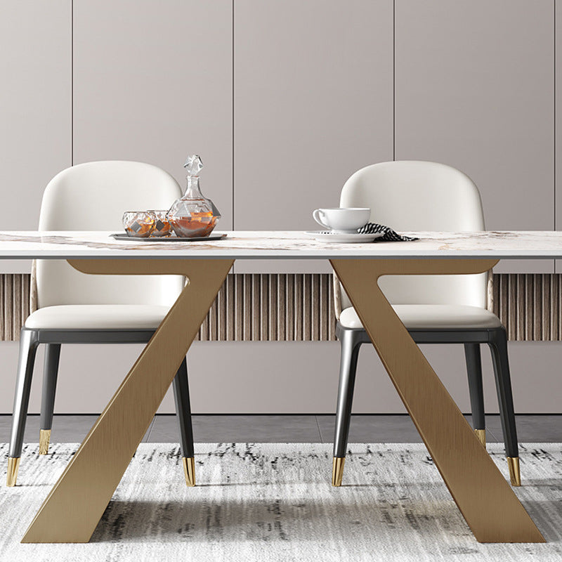 Mesa de comedor rectangular de lujo tradicional mesa sinterizada con pedestal doble dorado