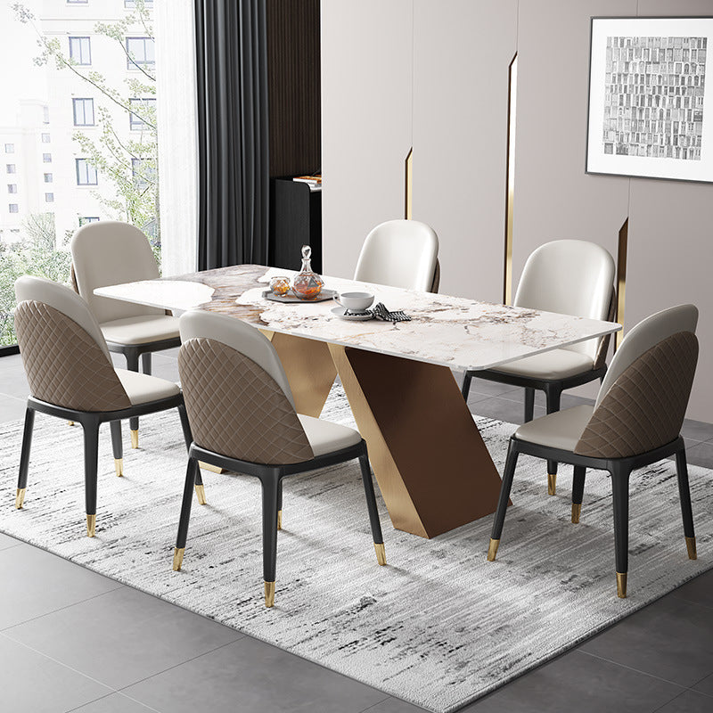 Mesa de comedor rectangular de lujo tradicional mesa sinterizada con pedestal doble dorado