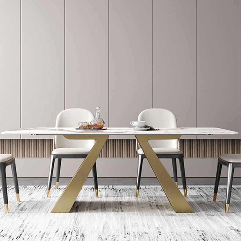 Mesa de comedor rectangular de lujo tradicional mesa sinterizada con pedestal doble dorado