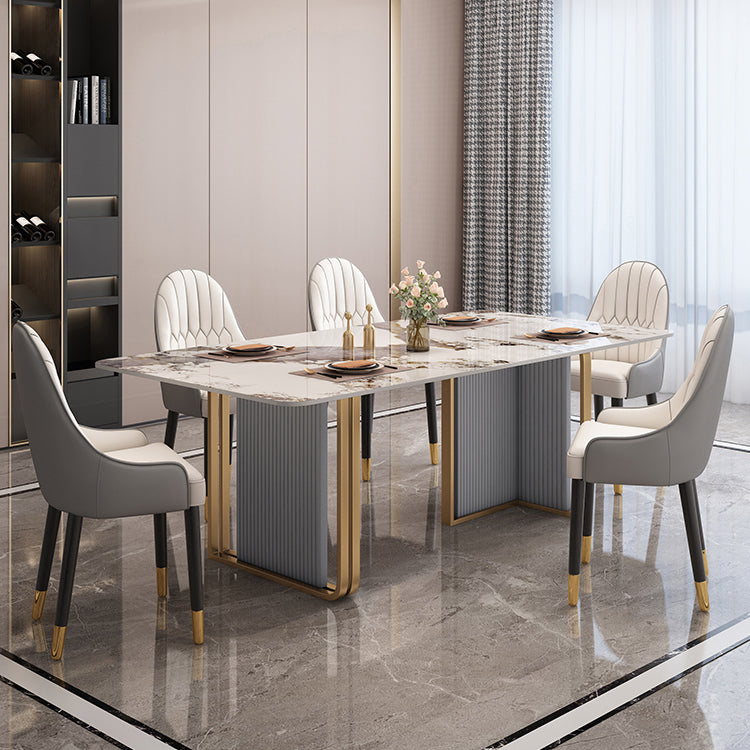 Sintered Stone Top Dining Table in White Modern Kitchen Table with Double Pedestal