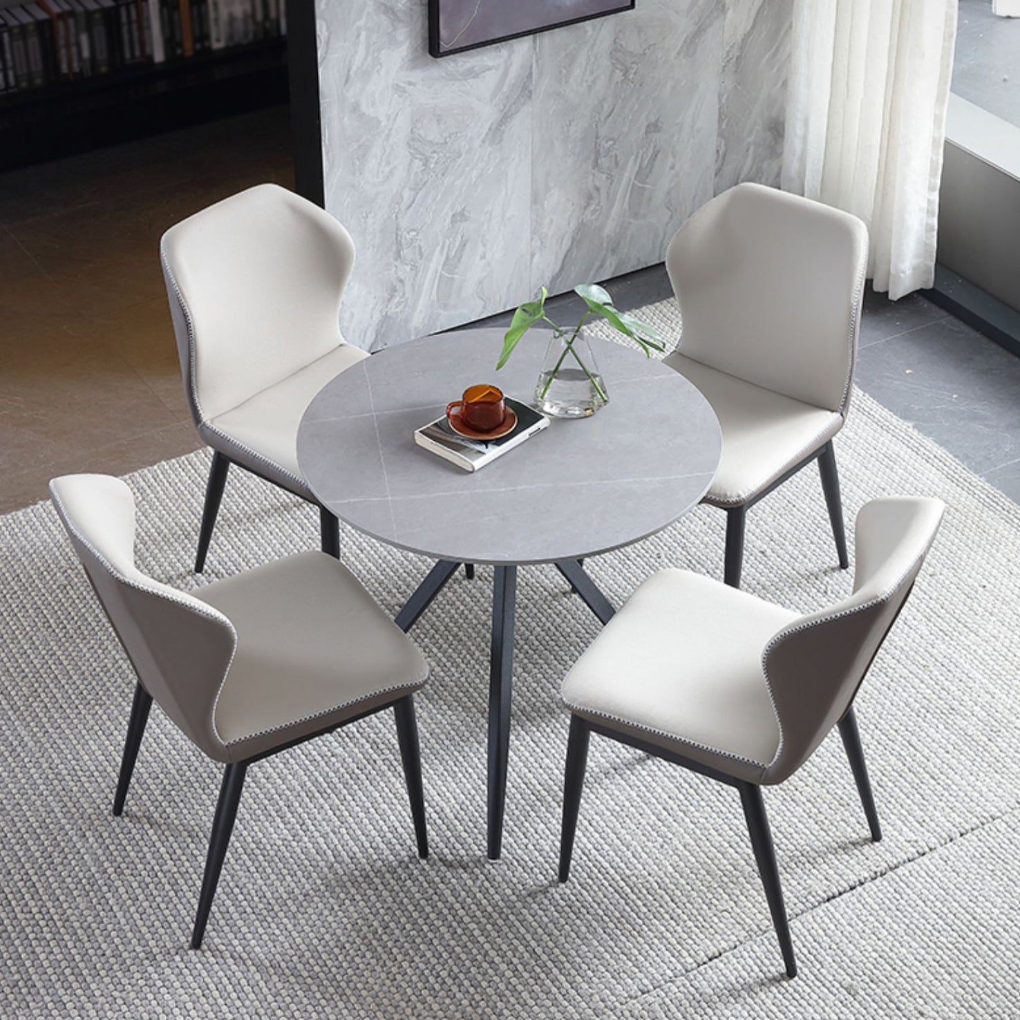 Modern Style Round Dining Table Sintered Stone Table with Metal Base for Home Use