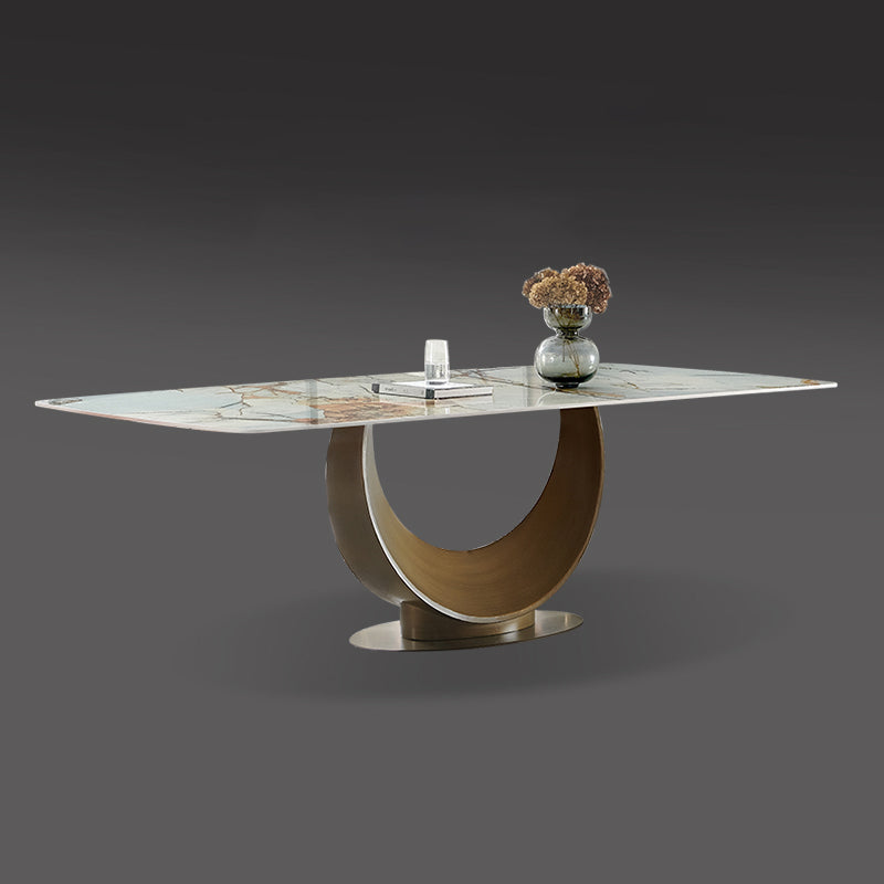 Mesa de comedor rectangular de lujo tradicional de metal Mesa de comedor de piedra sinterizada con pedestal