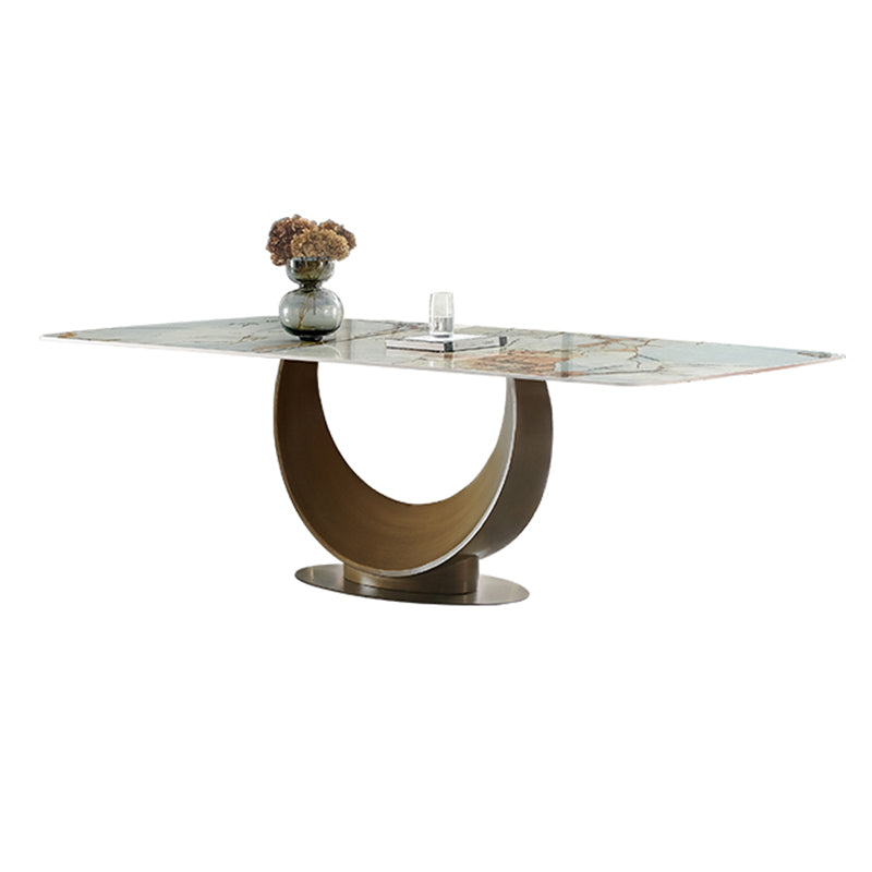 Mesa de comedor rectangular de lujo tradicional de metal Mesa de comedor de piedra sinterizada con pedestal