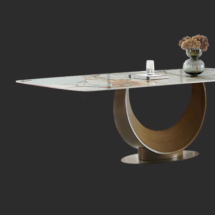 Mesa de comedor rectangular de lujo tradicional de metal Mesa de comedor de piedra sinterizada con pedestal
