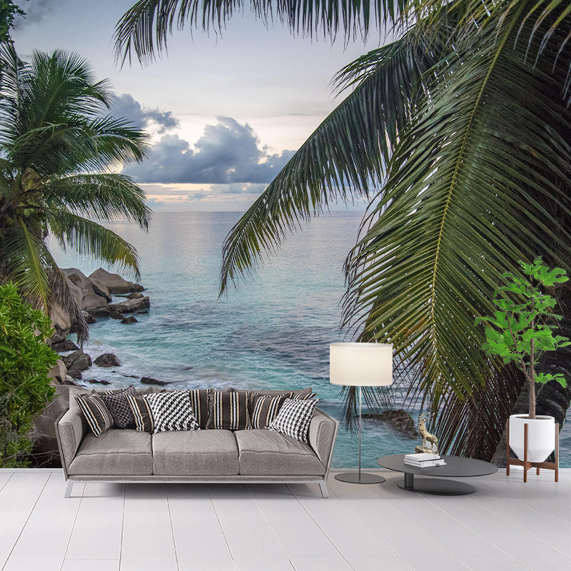 Tropical Palm Leaves Mural Soft Color Stain Resistant Wall Covering for Living Room