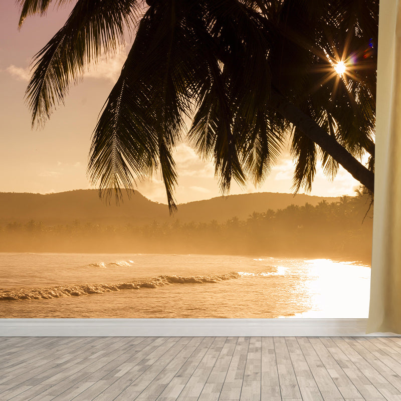 Tropical Palm Leaves Mural Soft Color Stain Resistant Wall Covering for Living Room