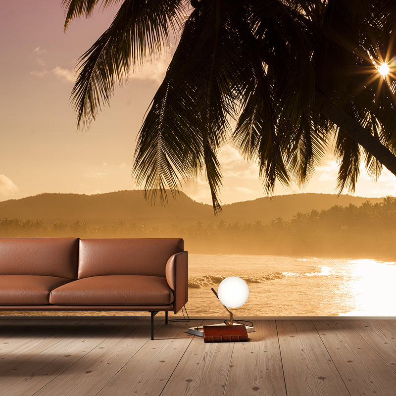 Tropical Palm Leaves Mural Soft Color Stain Resistant Wall Covering for Living Room