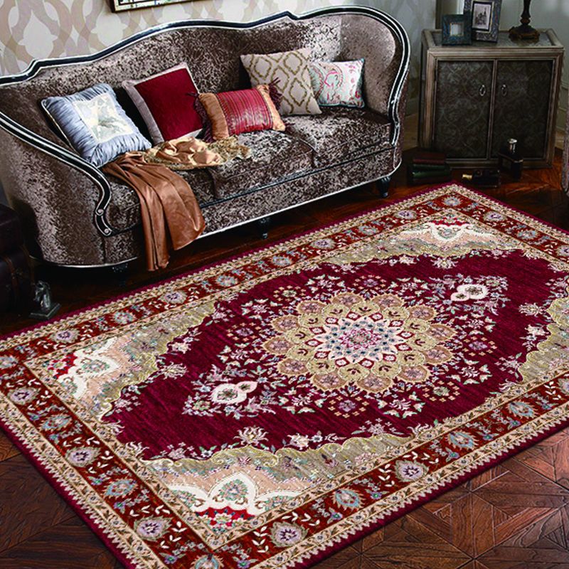 Dark Red Bohemian Rug Polyester Graphic Rug Non-Slip Backing Rug for Home Decoration