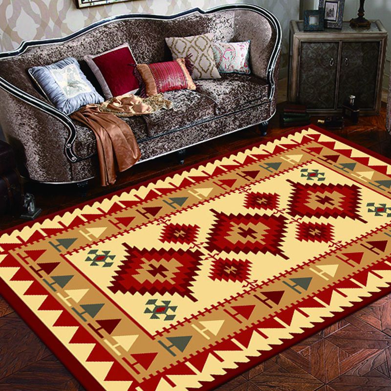 Dark Red Bohemian Rug Polyester Graphic Rug Non-Slip Backing Rug for Home Decoration