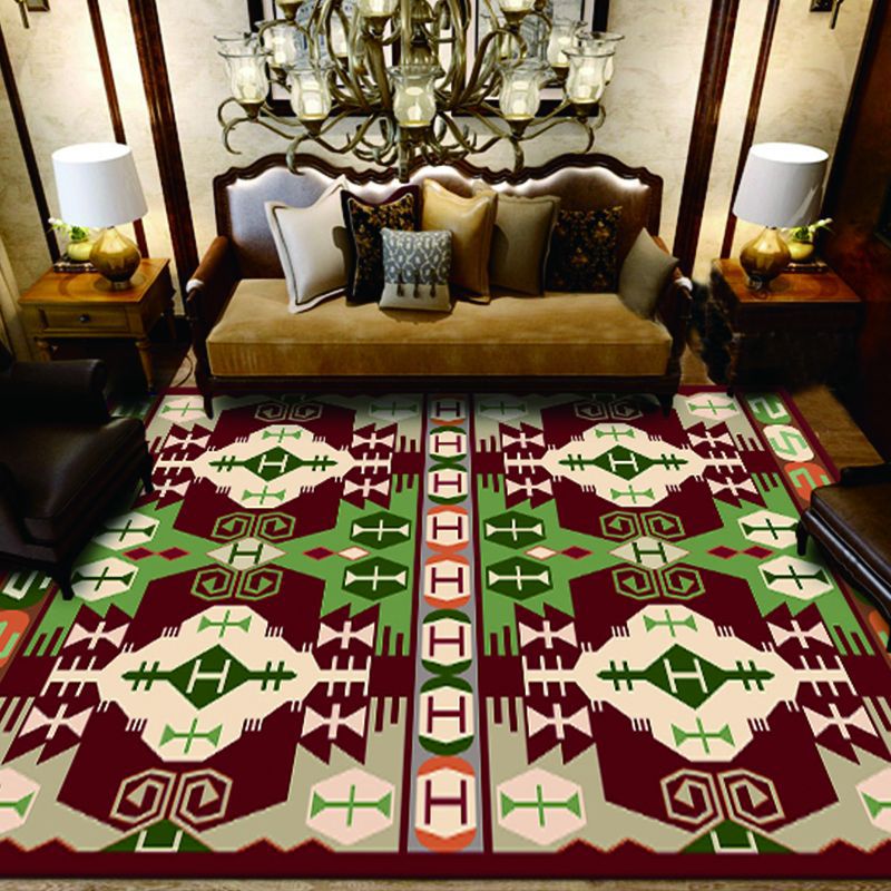 Donker Rood Boheems Trug Polyester Grafisch Tapicaal Non-Slip Backing Rug voor woningdecoratie