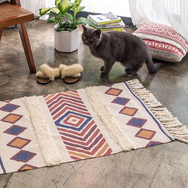 Boho-Chic Geometric Print Carpet Cotton Indoor Rug Fringe Pet Friendly Rug for Home Decoration