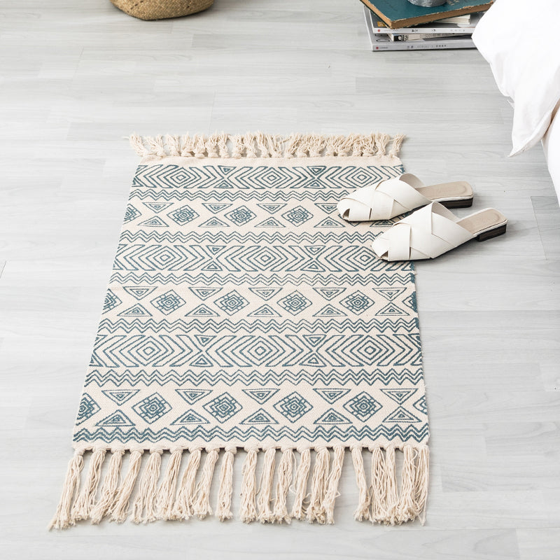 Boho-Chic Geometric Print Carpet Cotton Indoor Rug Fringe Pet Friendly Rug for Home Decoration