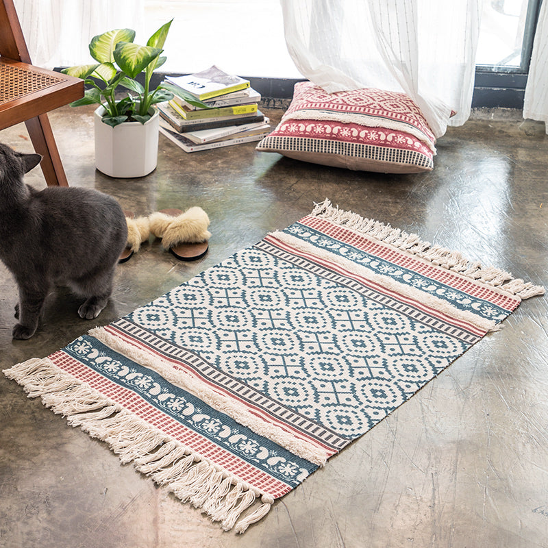 Boho-Chic Geometric Print Carpet Cotton Indoor Rug Fringe Pet Friendly Rug for Home Decoration