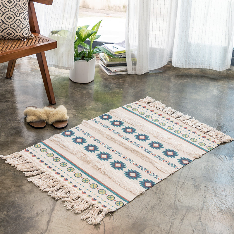 Boho-Chic Geometric Print Carpet Cotton Indoor Rug Fringe Pet Friendly Rug for Home Decoration