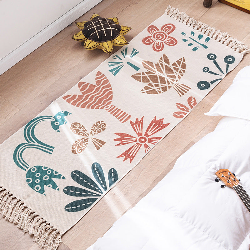 Modern Botanics Print Carpet Cotton Indoor Rug Fringe Pet Friendly Rug for Home Decoration