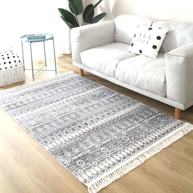 Fancy Fringe Area Carpet Geometric Pattern Polyester Area Rug Easy Care Area Rug for Home Decor