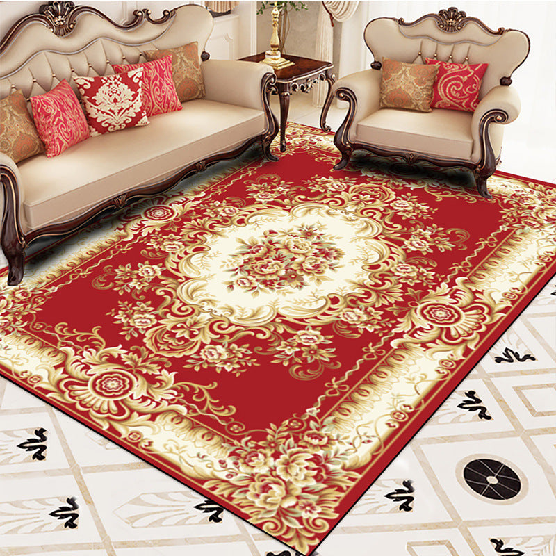 Red European Carpet Flower Pattern Polyester Area Rug Non-Slip Backing Rug for Home Decor