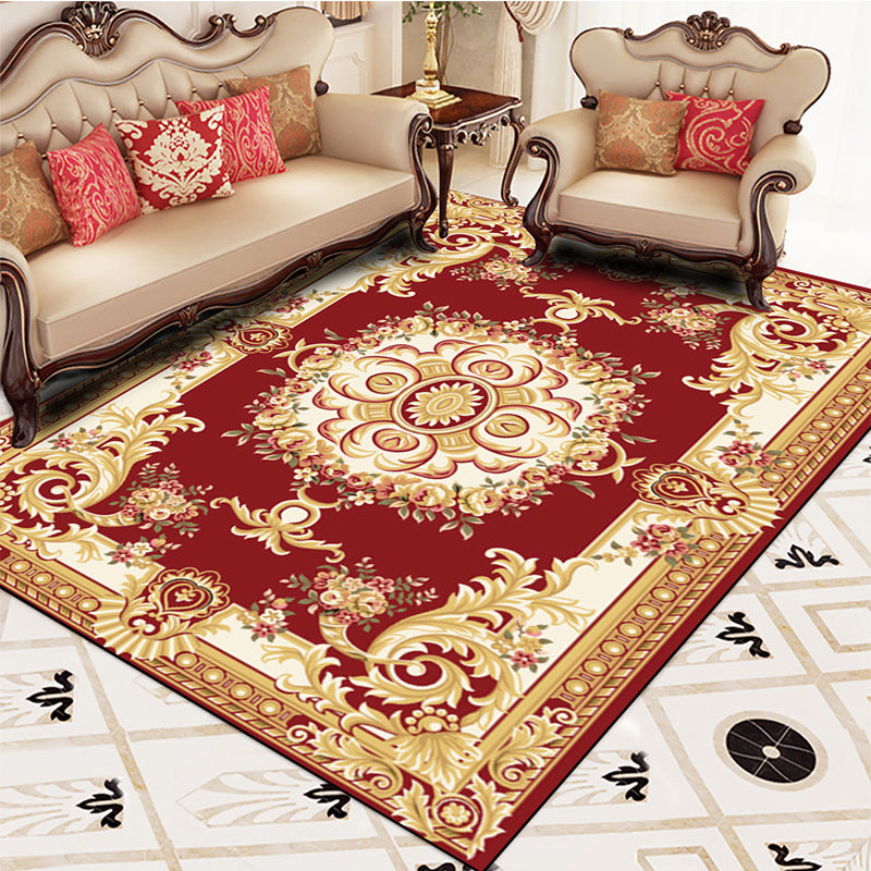 Red European Carpet Flower Pattern Polyester Area Rug Non-Slip Backing Rug for Home Decor
