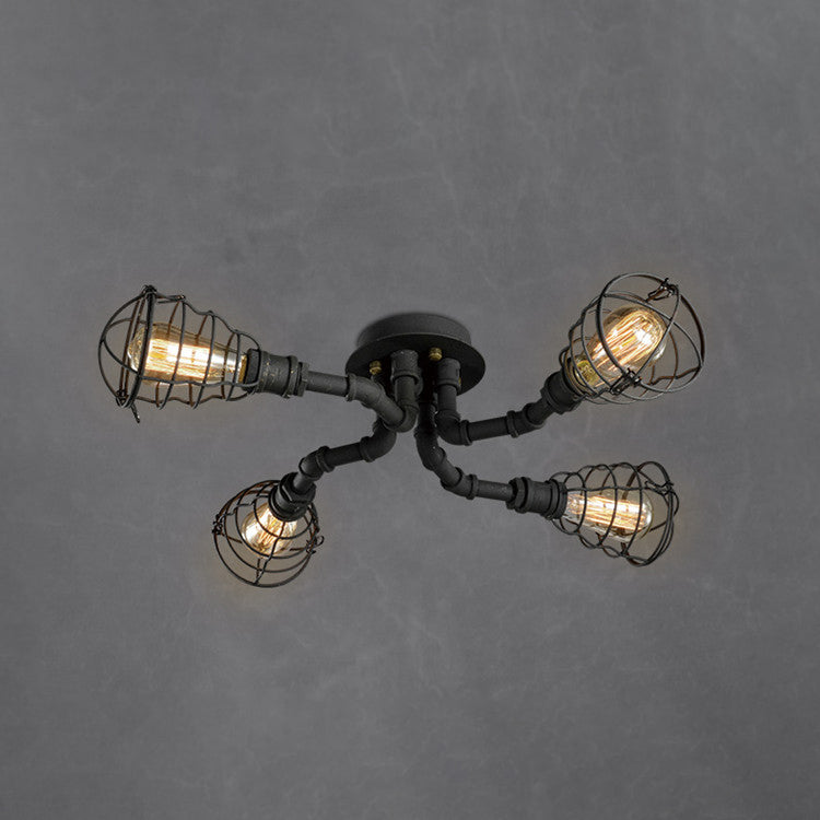 Industrial Retro Cage shape Ceiling Lamp Water Pipe Iron Flush Mount for Bar