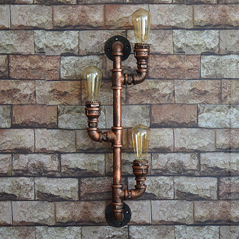 Metal Water Pipe Wall Lighting Industrial Style 3 Lights Wall Mounted Light Fixture in Brown