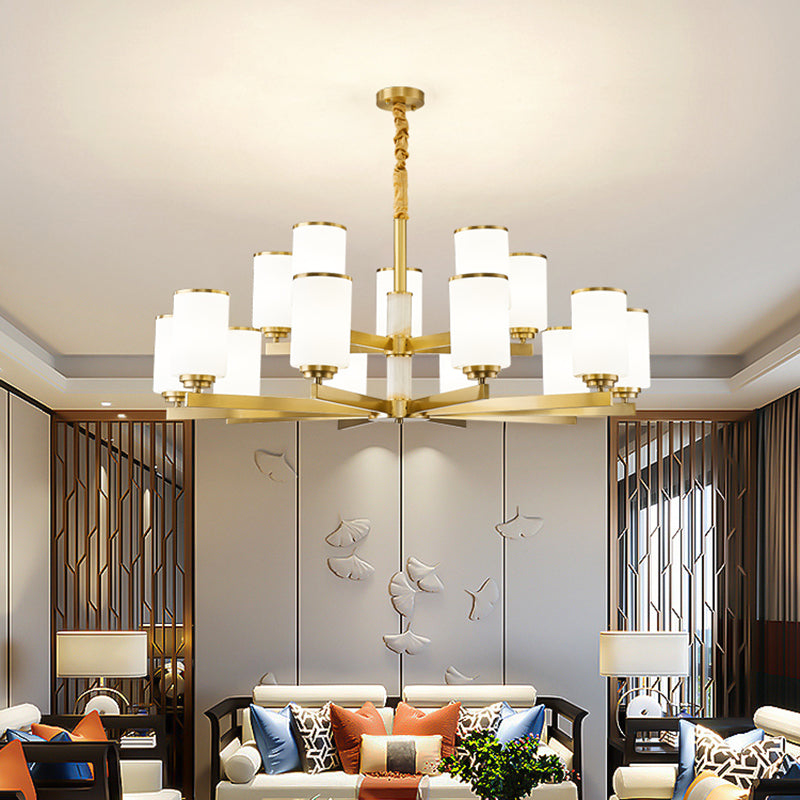 Modern Concise Pendant Light Metal Cylindrical Chandelier with Glass Shade