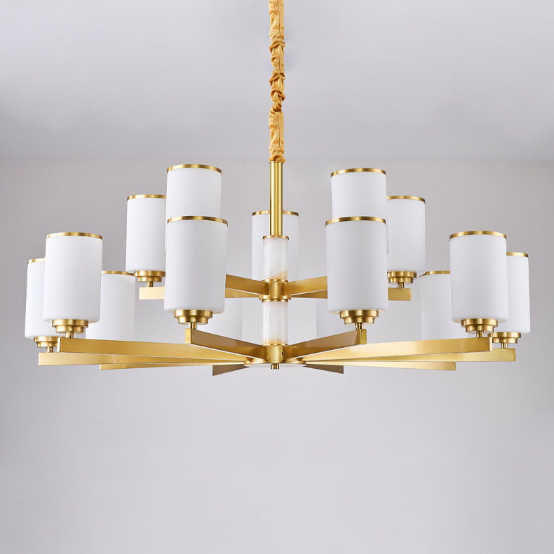 Modern Concise Pendant Light Metal Cylindrical Chandelier with Glass Shade
