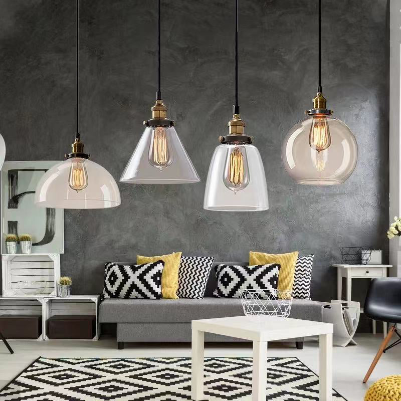Industrial Vintage Geometric Pendant Light Electroplate Iron Hanging Lamp with Glass Shade