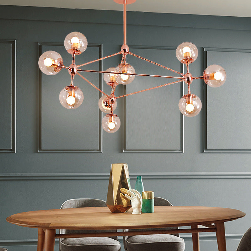 Postmodern Geometric Suspension Light Clear Glass Dining Room Chandelier in Rose Gold