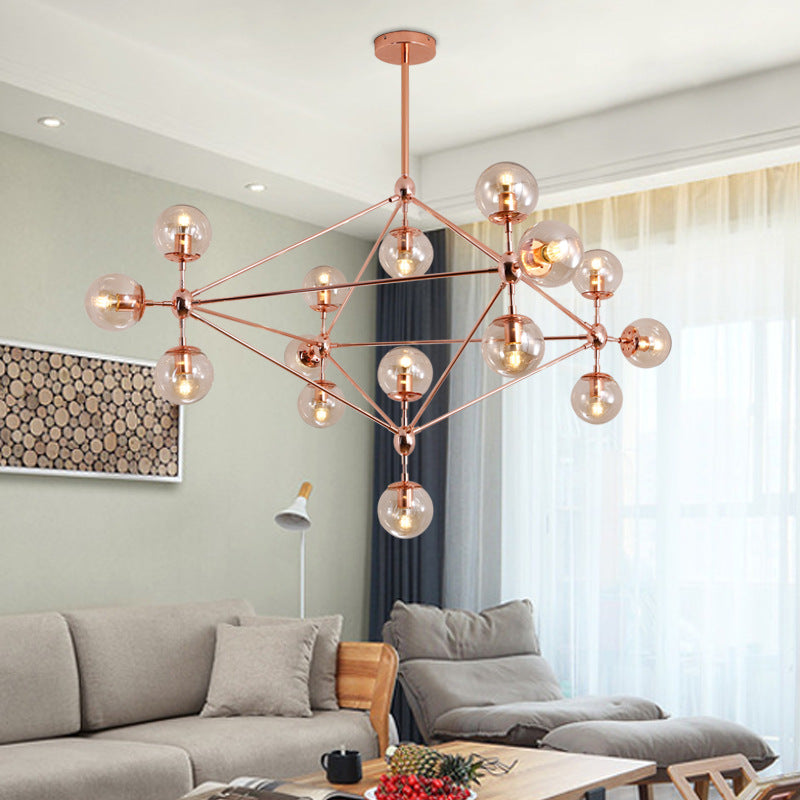 Postmodern Geometric Suspension Light Clear Glass Dining Room Chandelier in Rose Gold