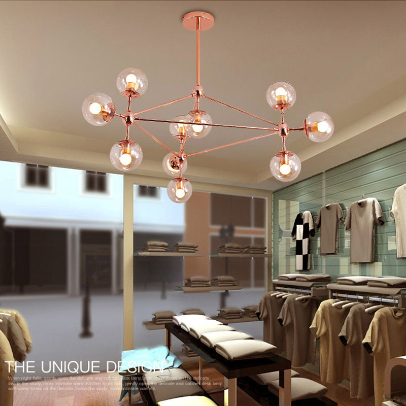 Postmodern Geometric Suspension Light Clear Glass Dining Room Chandelier in Rose Gold