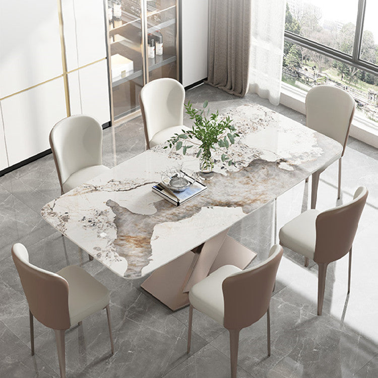 Rectangle Traditional Luxury Dining Table Grey Sintered Stone Table with Pedestal Base