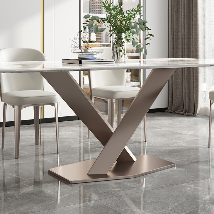 Rectangle Traditional Luxury Dining Table Grey Sintered Stone Table with Pedestal Base