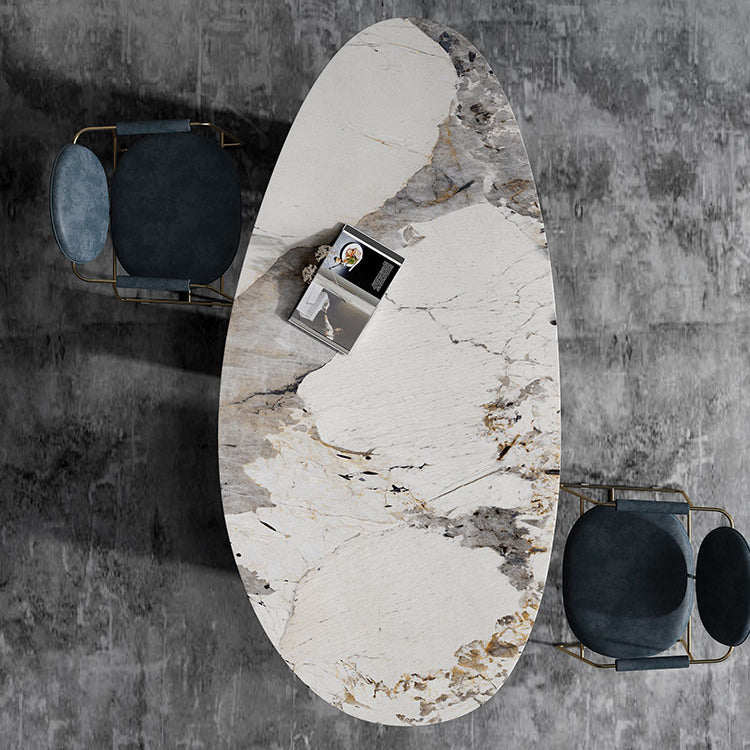 Oval Traditional Luxury Dining Table Sintered Stone Table with 3 Gold Legs
