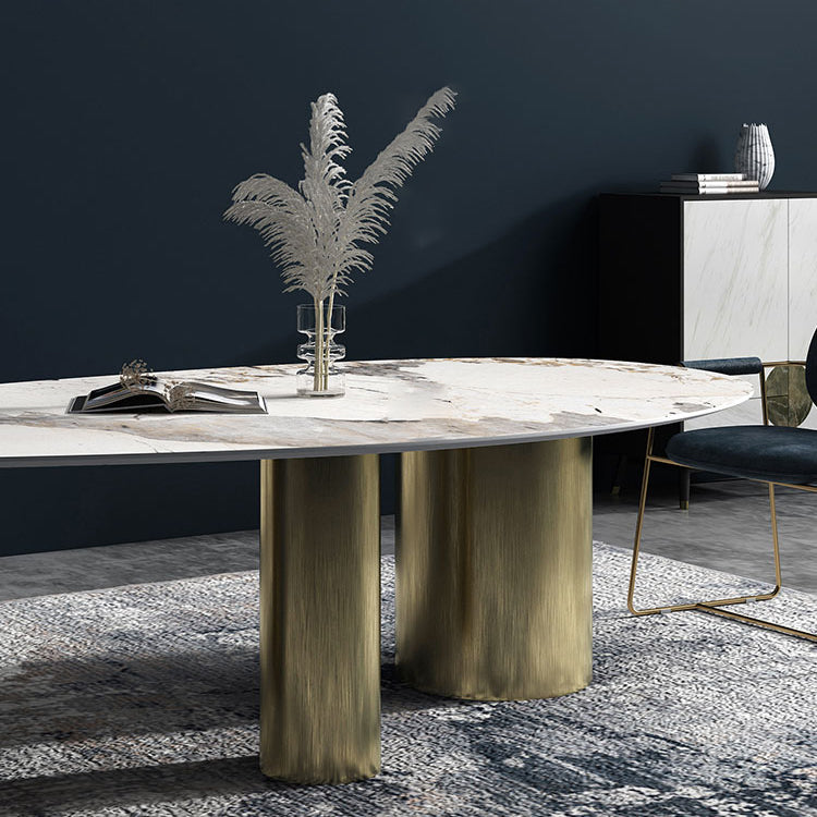 Oval Traditional Luxury Dining Table Sintered Stone Table with 3 Gold Legs
